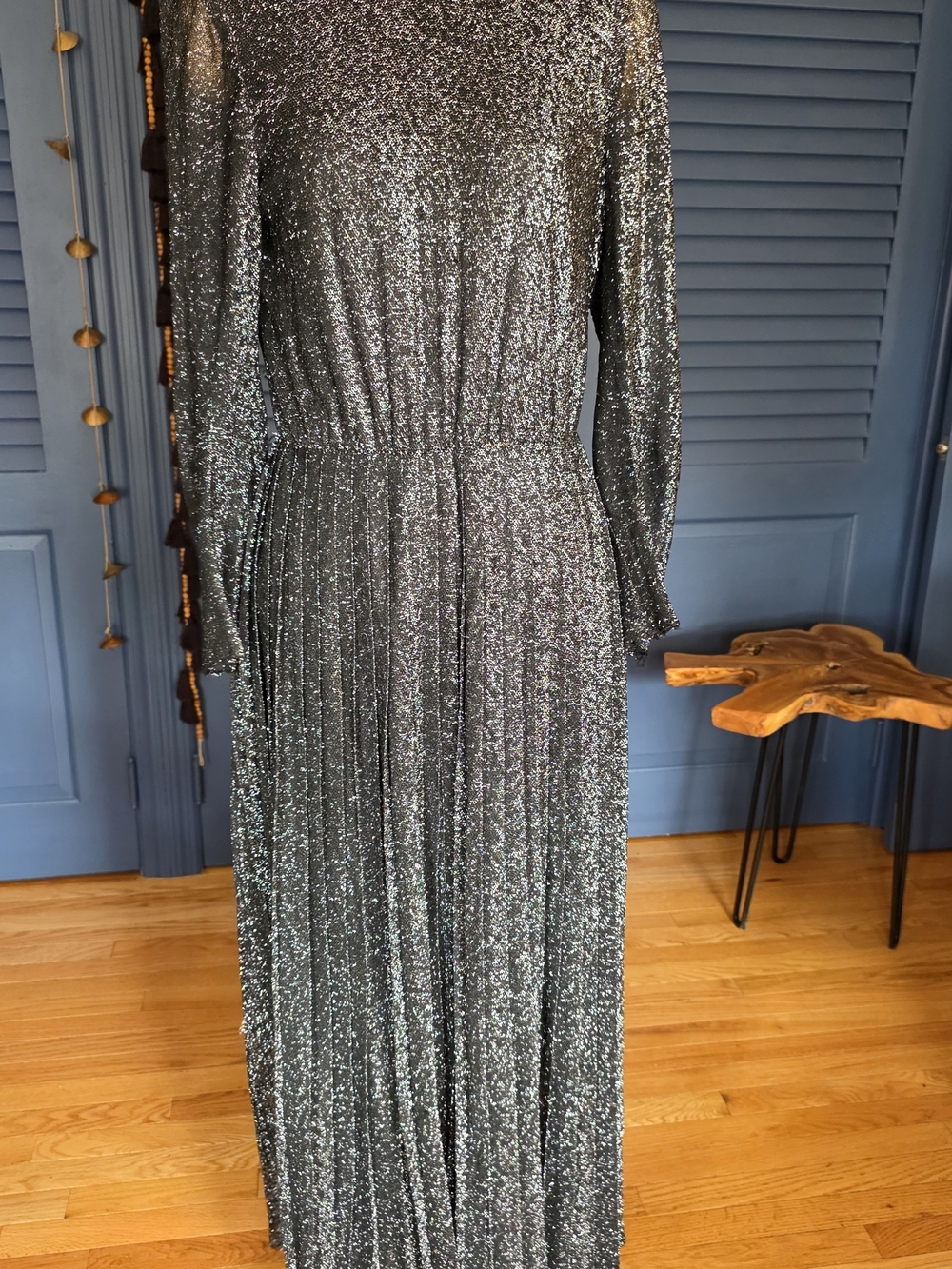 VTG 1970s Jack Bryan Dupuis Metallic Silver Lurex Plissé Pleated Maxi Gown